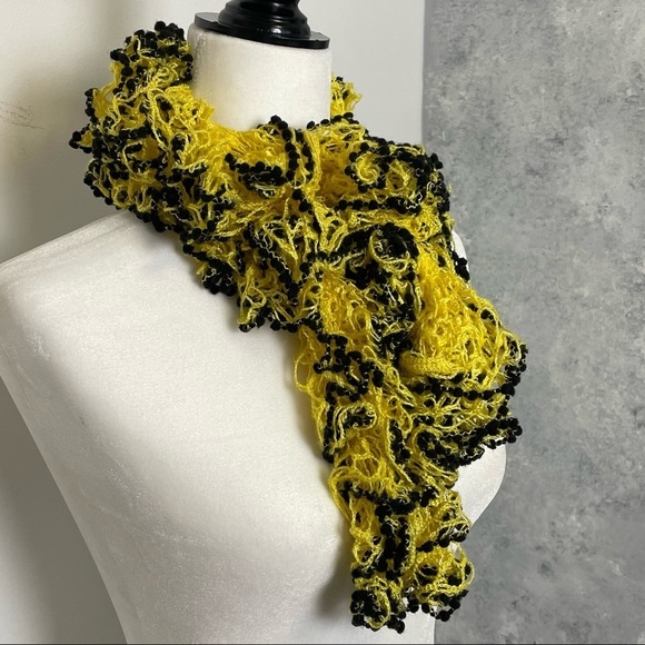 Ruffs & Pom-Poms Crocheted Yellow Black Scarf - Picture 2 of 10